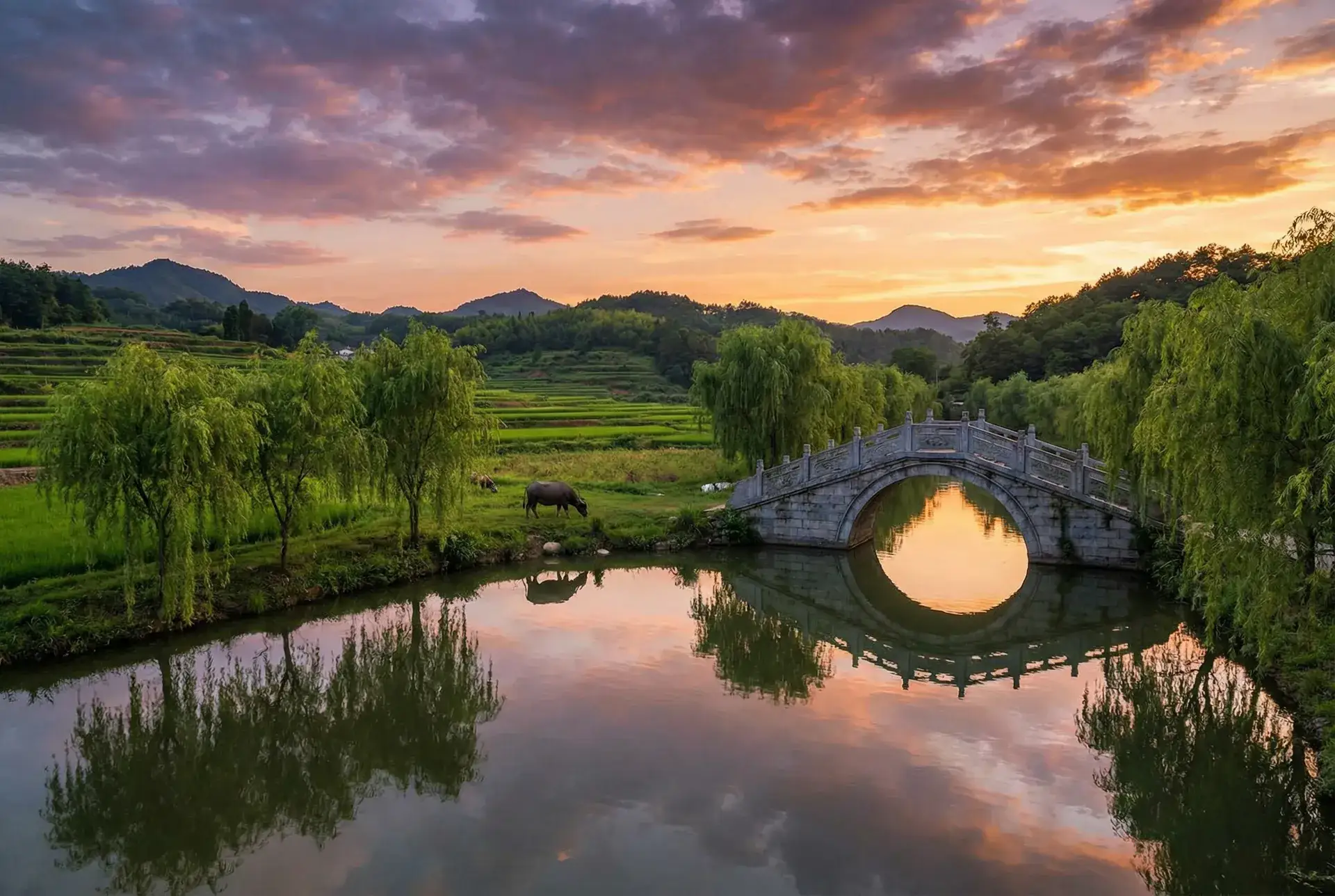 夕阳下的石拱桥与垂柳，水牛在河边吃草 - 灵魂摆渡第三季 乡村美景